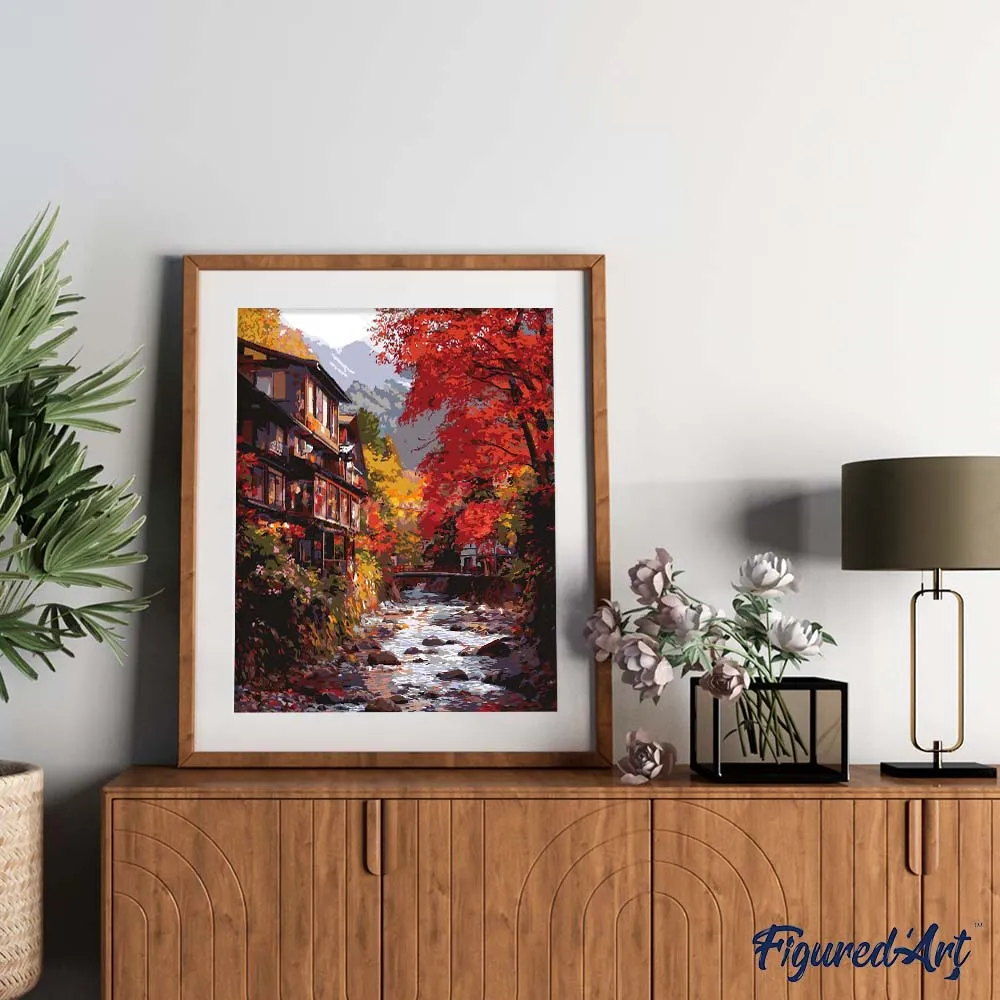 Figured'Art Herfstdorp in Nikkō schilderen op nummer 40x50 herfst