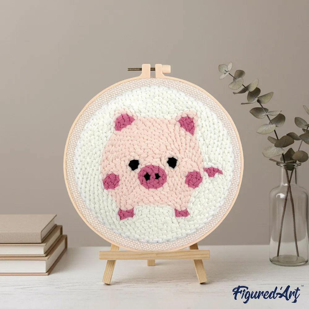 Figured'Art Roze Varken punch needle pakket 20cm wol beginners
