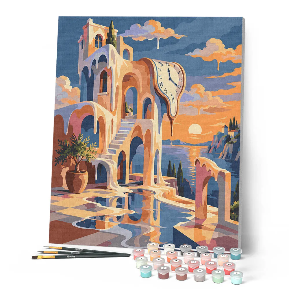 Figured'Art Terras met Surrealistische Klok schilderen op nummer 40x50 cm eenvoudig