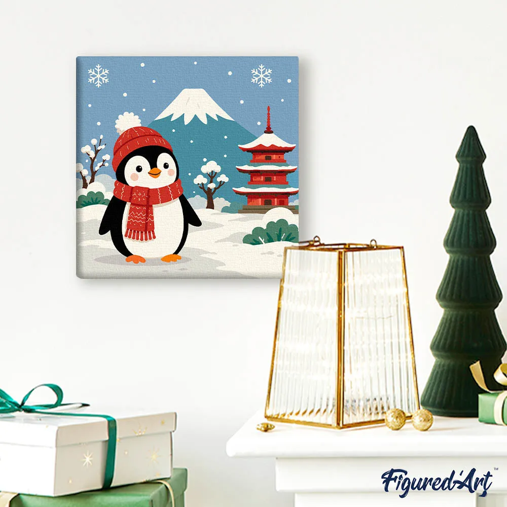 Figured'Art Pinguïn bij de berg Fuji mini schilderen op nummer 20x20 cm