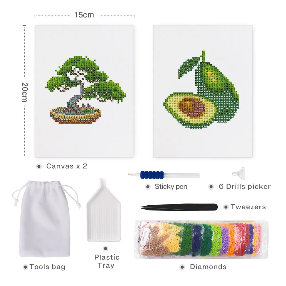 Figured'Art Bonsai en Avocado diamond painting 2 stuks 15x20cm