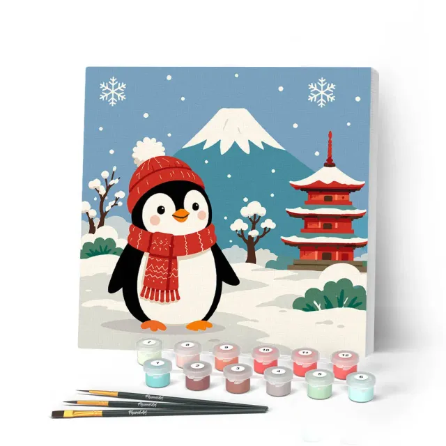 Figured'Art Pinguïn bij de berg Fuji mini schilderen op nummer 20x20 cm