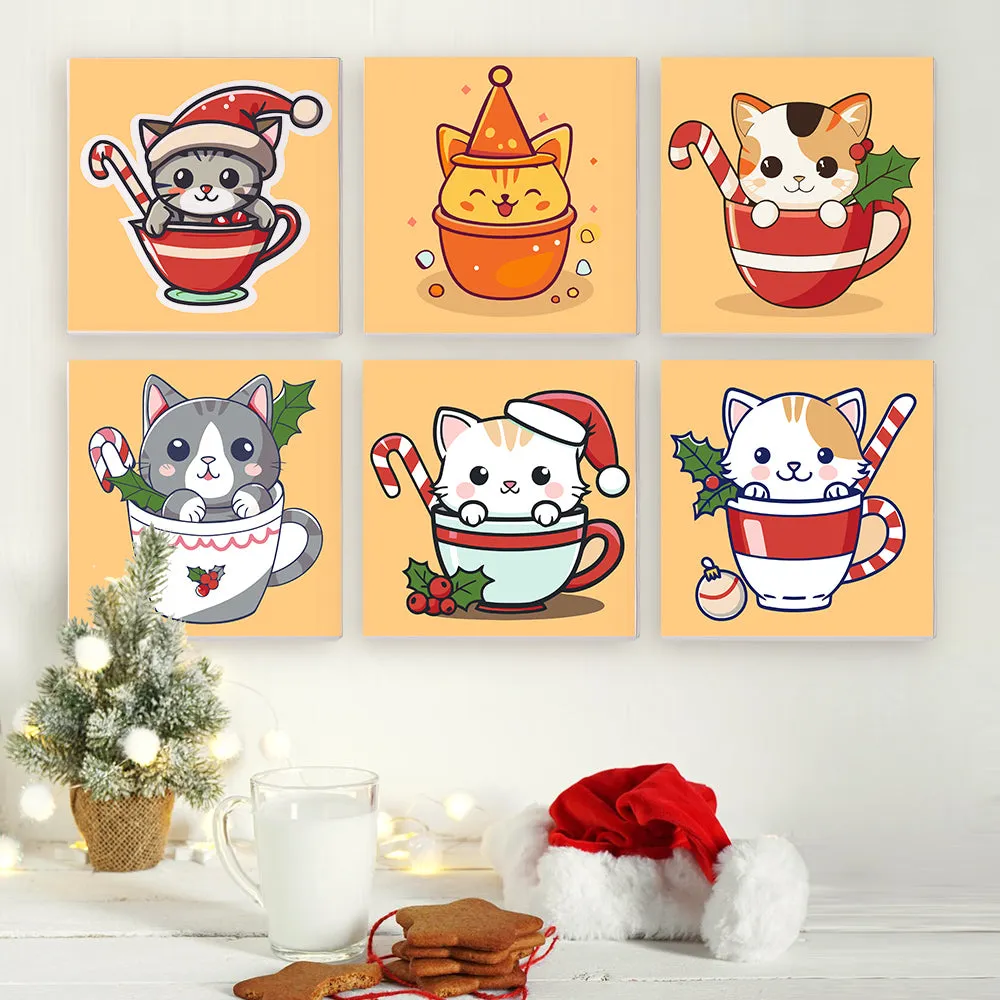 Figured'Art Mini Schilderen op nummer 15x15cm 6 stuks kerstkatten