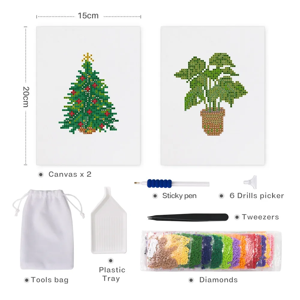 Figured'Art Kerstboom en Potplant mini diamond painting 15x20 cm 2 stuks