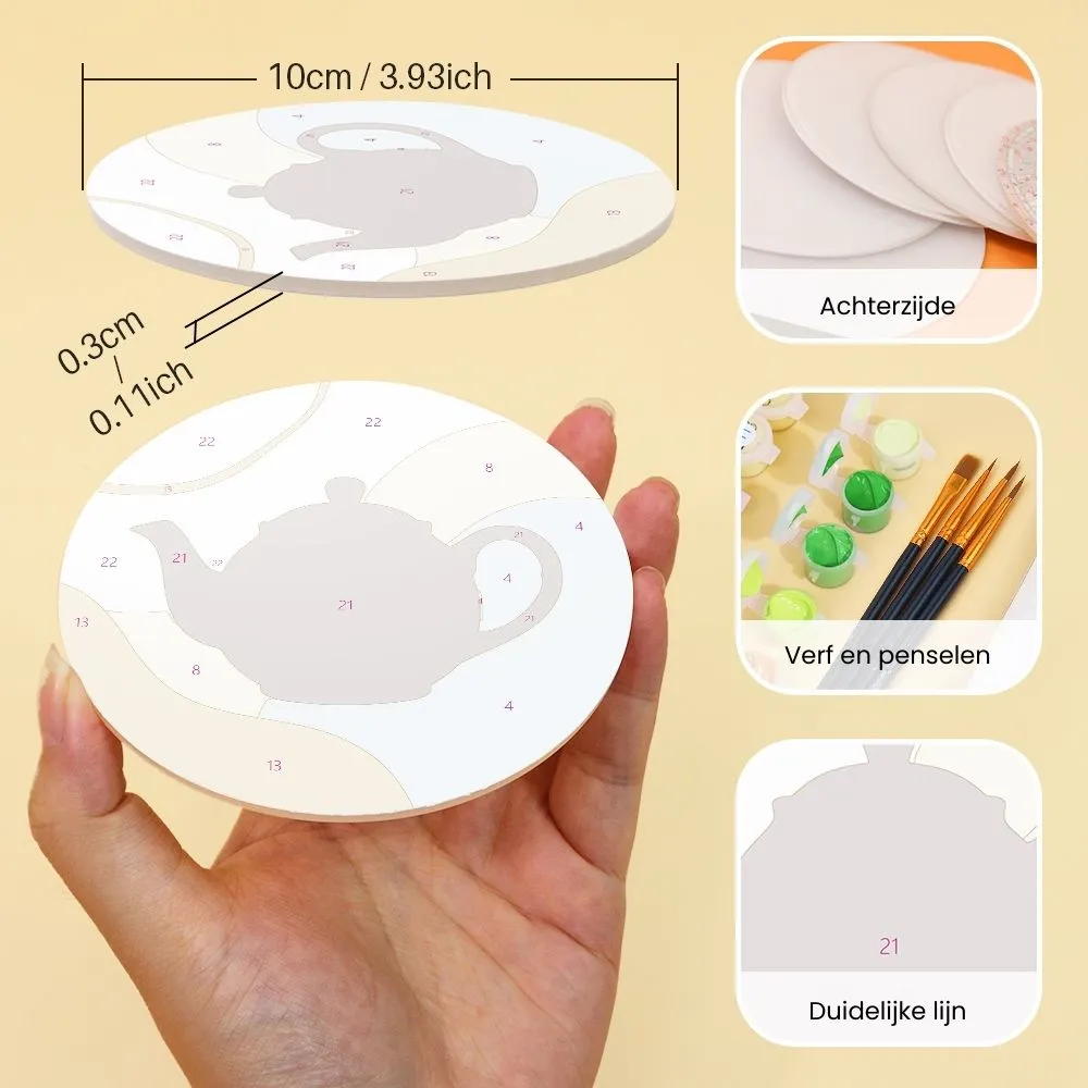 Figured'Art Theetijd onderzetters schilderen op nummer 10cm 6 stuks