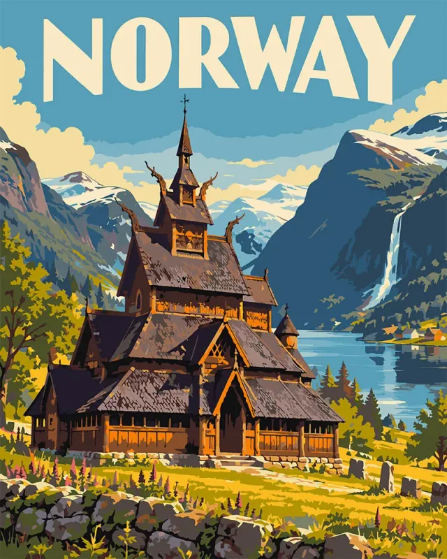 Figured'Art Stavkerk Borgund schilderen op nummer 40x50 Noorwegen