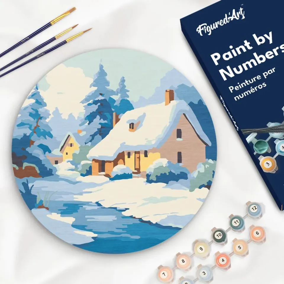 Figured'Art Winterhuisje schilderen op nummer hout 30 cm