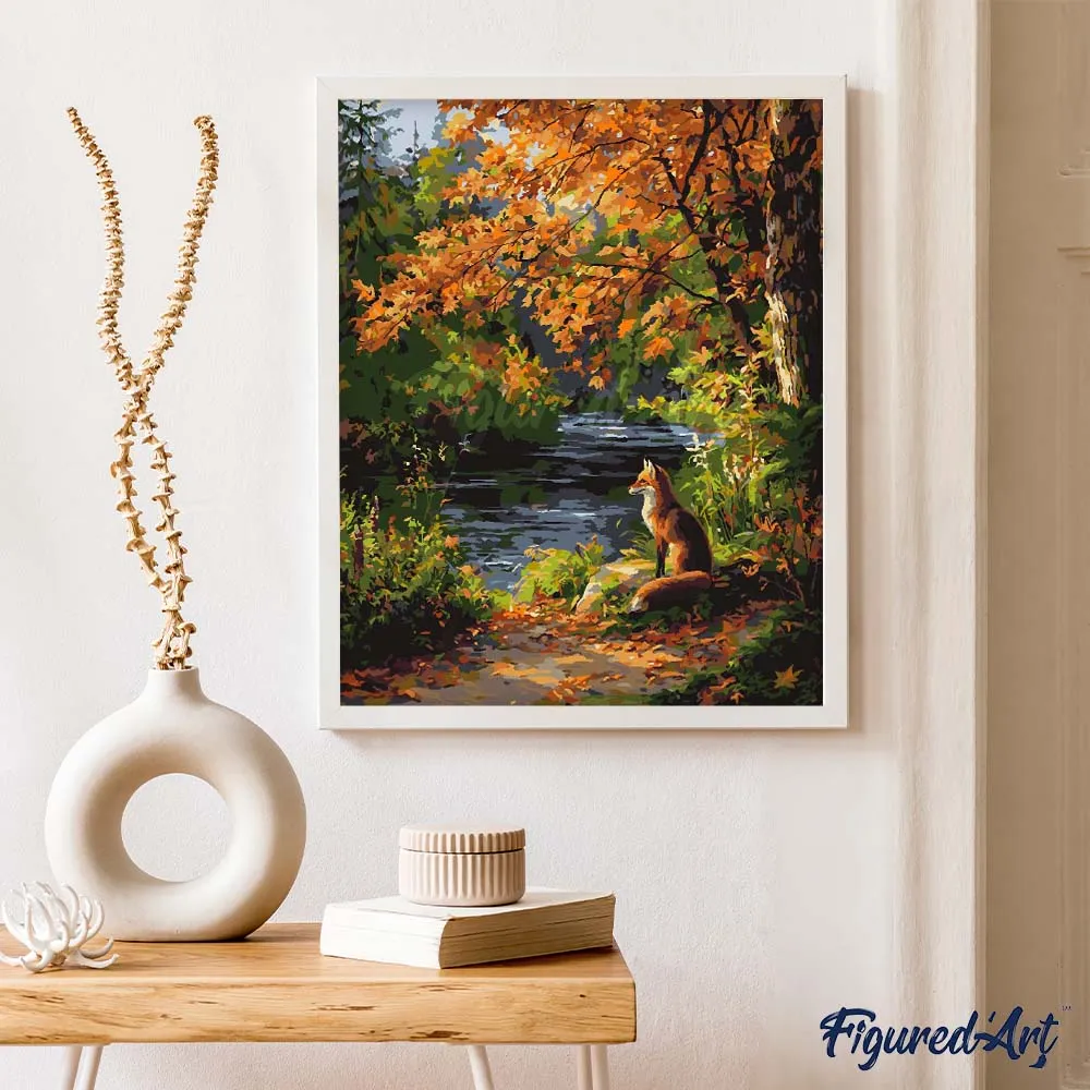 Figured'Art Rode vos bij de rivier Schilderen op nummer