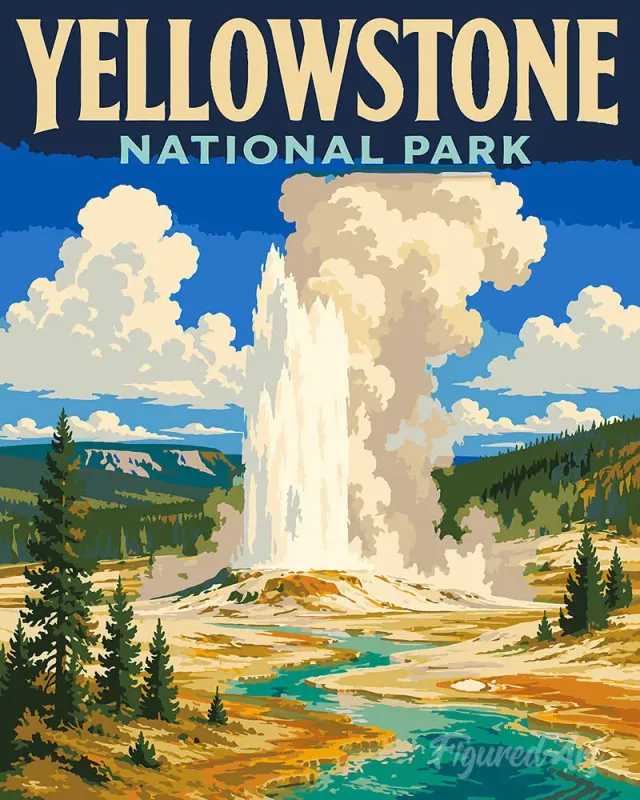 Figured'Art Yellowstone Old Faithful schilderen op nummer 40x50 poster