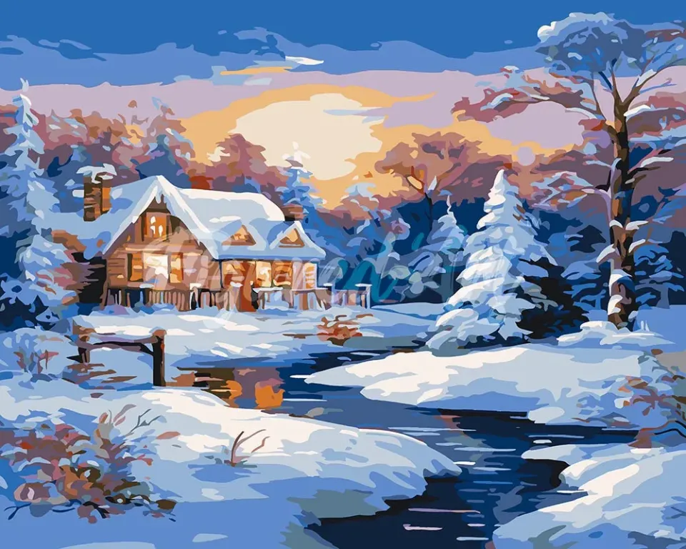 Figured'Art Winterhuisje bij Zonsondergang schilderen op nummer winter