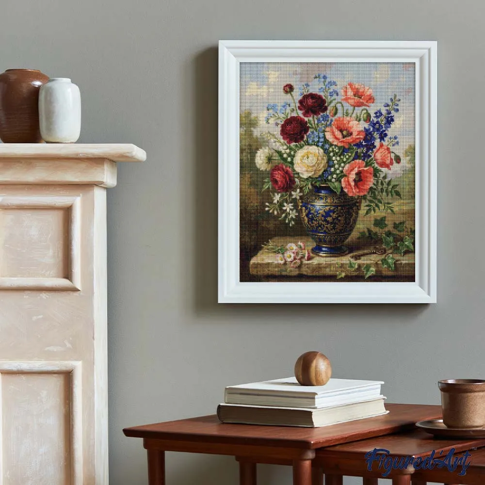 Figured'Art Bloemen in blauwe vaas diamond painting 40x50 cm
