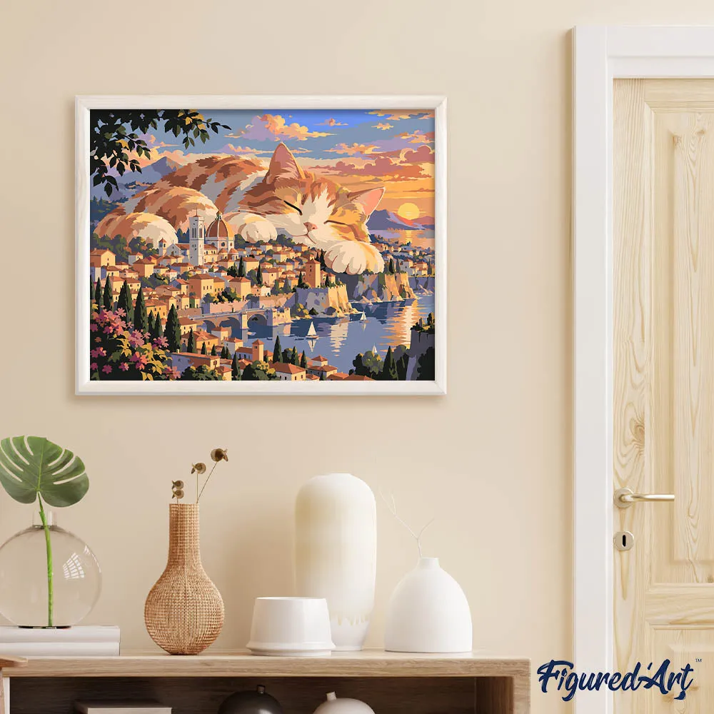 Figured'Art Reuzenkat boven de Stad Schilderen op Nummer 40x50