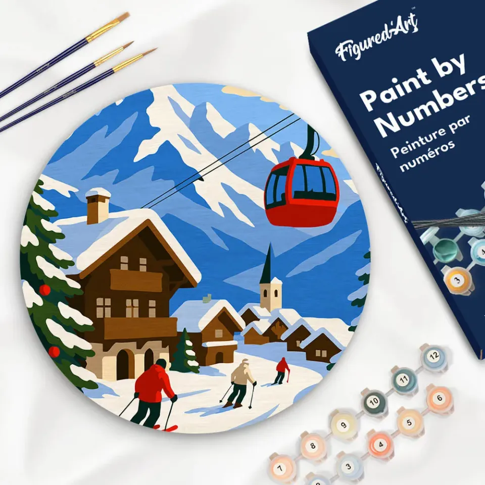 Figured'Art Wintervakantie in de Alpen schilderen op nummer schijf 30 cm