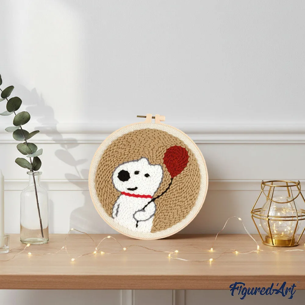 Figured'Art Witte hond en ballon punch needle pakket 20 cm