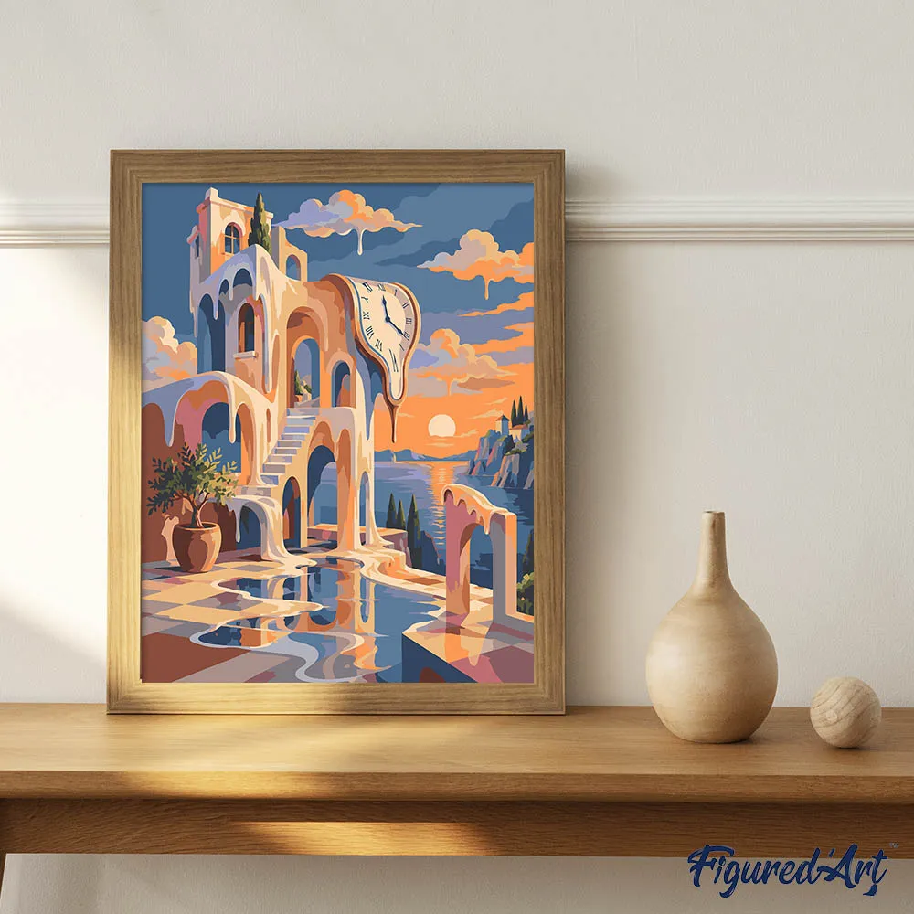 Figured'Art Terras met Surrealistische Klok schilderen op nummer 40x50 cm eenvoudig