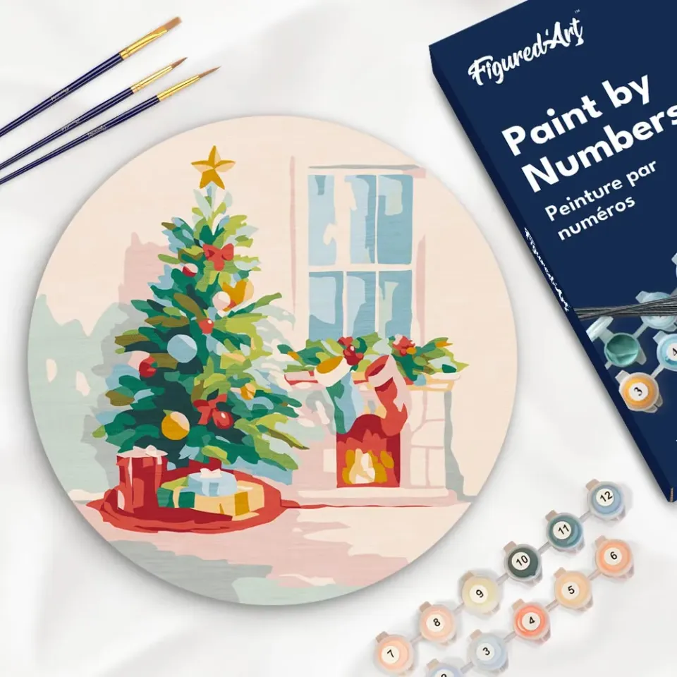 Figured'Art Kerstboom en open haard schilderen op nummer hout 30cm