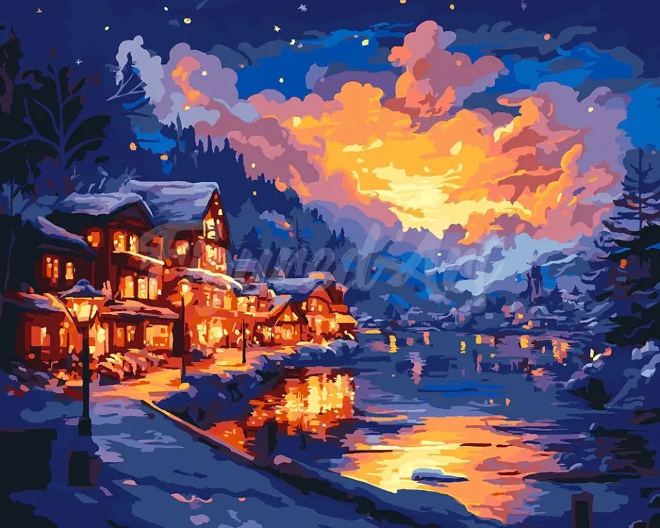 Figured'Art Verlicht Dorp aan het Meer schilderen op nummer 40x50cm winter