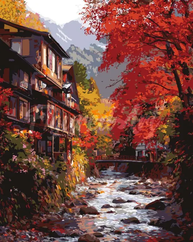 Figured'Art Herfstdorp in Nikkō schilderen op nummer 40x50 herfst