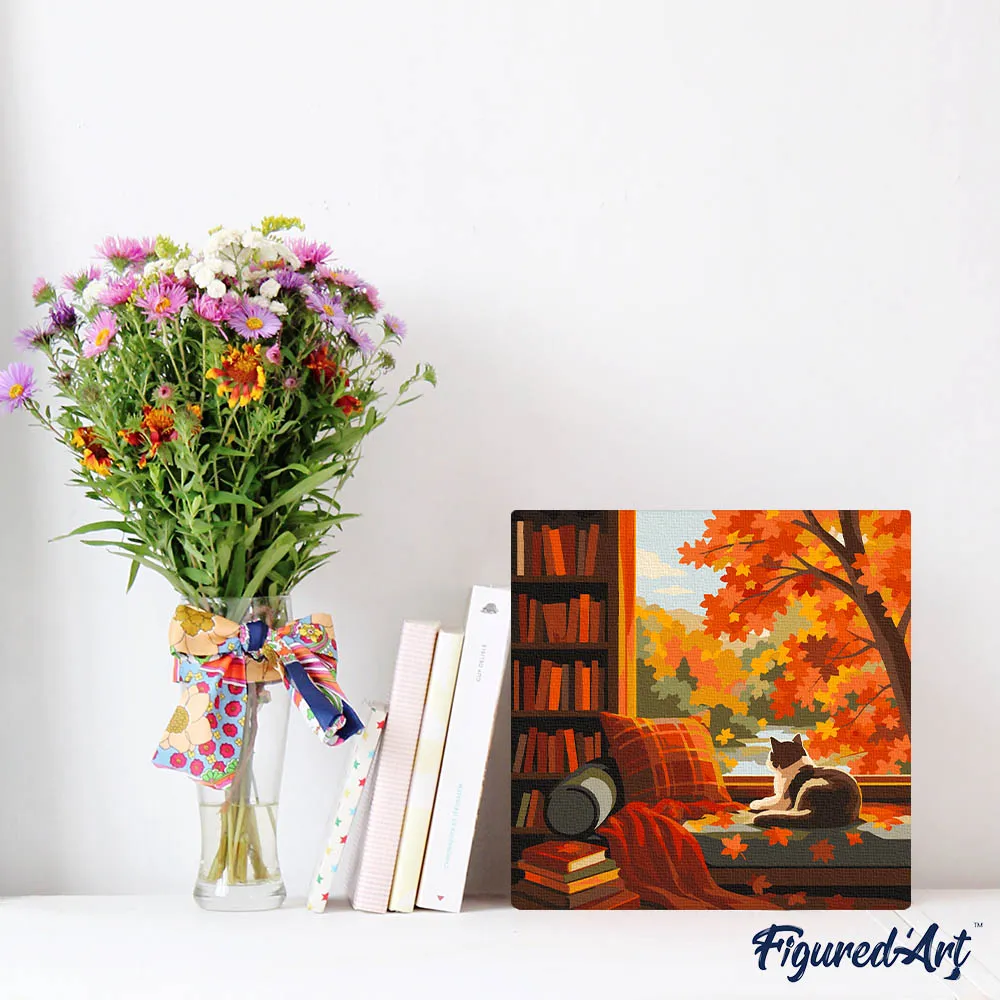 Figured'Art Herfstzicht van de kat schilderen op nummer 20x20cm frame