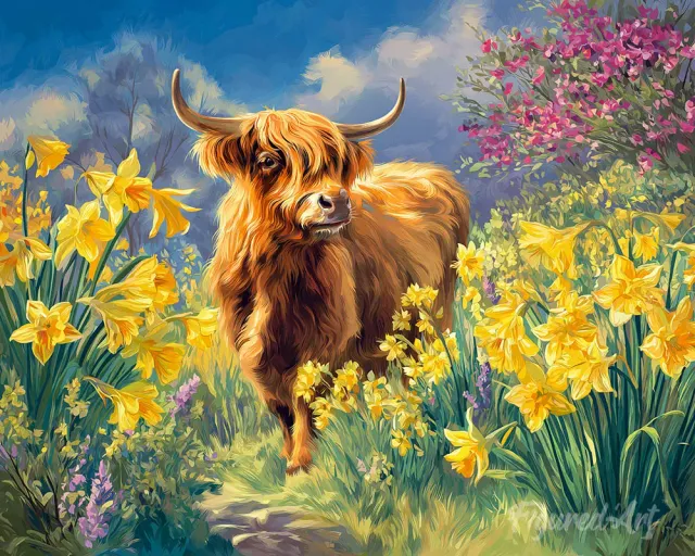 Figured'Art Schotse Hooglander met Narcissen schilderen 40x50 cm