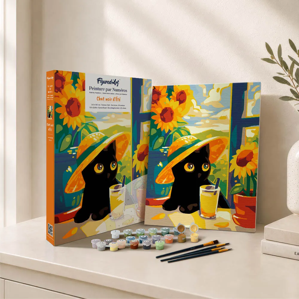 Figured'Art Zwarte Zomerkat cadeauset schilderen op nummer