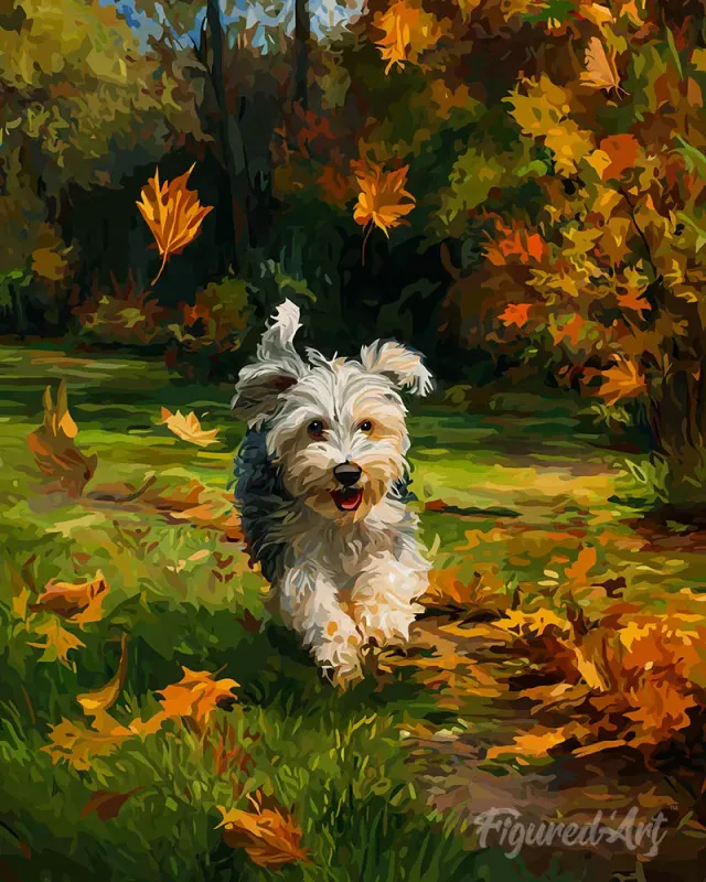 Figured'Art Vrolijke pup in de herfst diamond painting 40x50 hond