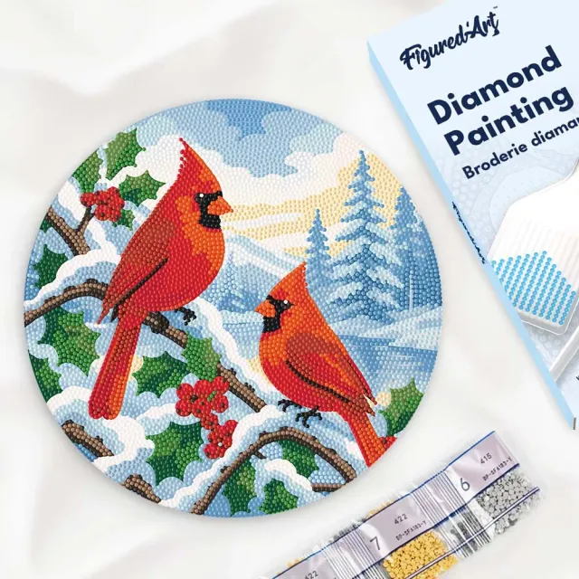 Figured'Art Winterkardinalen Diamond Painting Houten Schijf 30cm