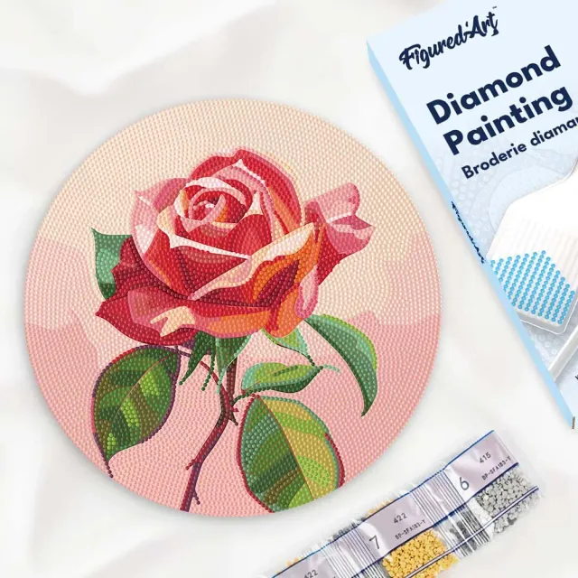 Figured'Art Rode roos diamond painting houten schijf 30 cm