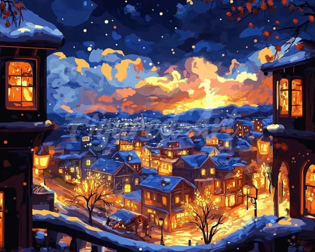 Figured'Art Verlichte Winternacht diamond painting vierkant winter
