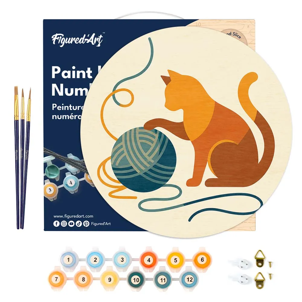 Figured'Art Kat en bol garen schilderen op nummer hout 30 cm