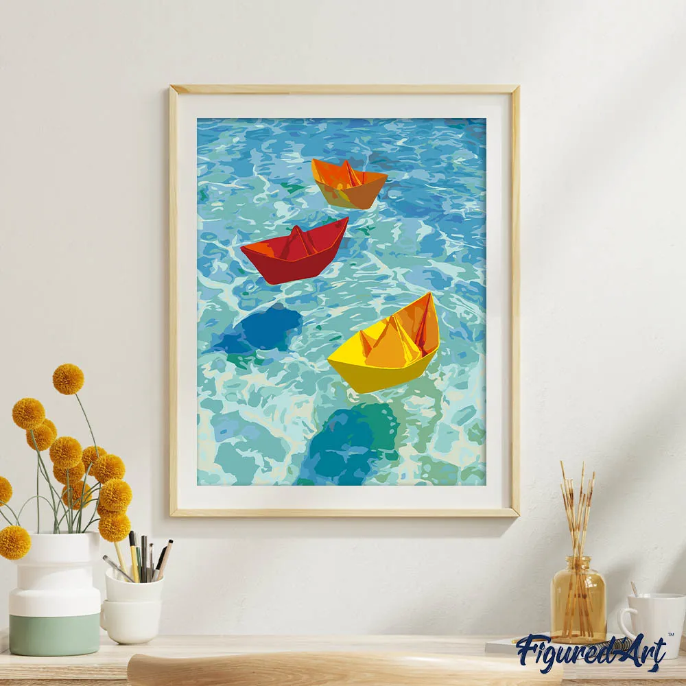 Figured'Art Origamibootjes schilderen op nummer canvas 40x50cm blauw