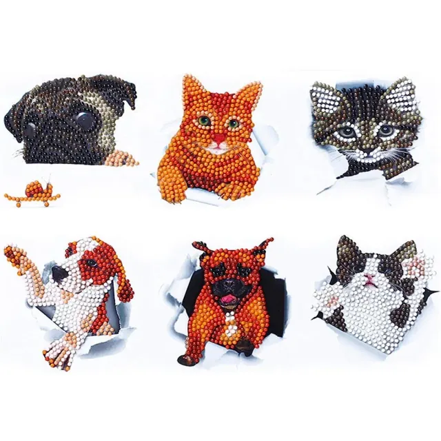 Figured'Art Diamond Painting Katten en Honden stickers 6 stuks