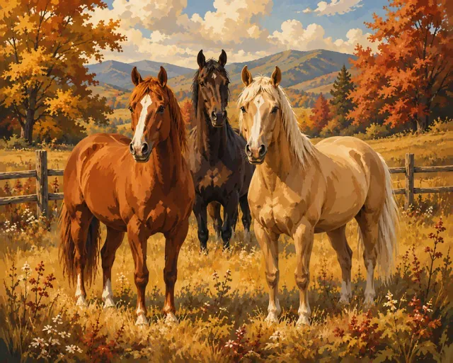 Figured'Art Paarden op de Herfstweide diamond painting 40x50 cm vierkant