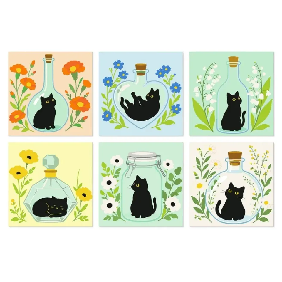 Figured'Art Botanische katten schilderen op nummer 20x20cm 6 stuks