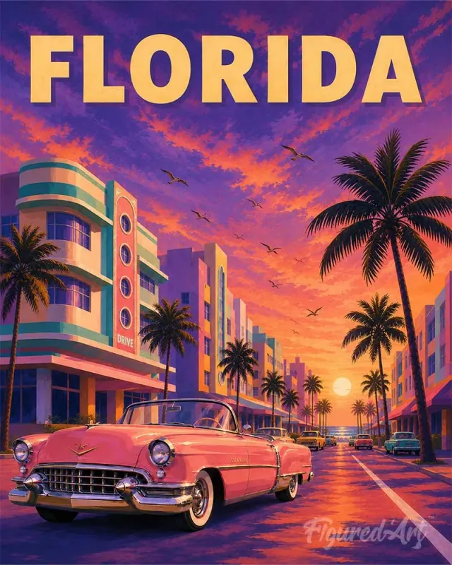 Figured'Art Vintageposter Florida schilderen op nummer 40x50 cm paars