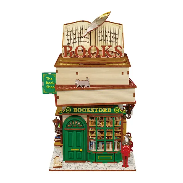 Figured'Art Tijd Boekwinkel miniatuurhuisje 24,5cm hout met LED