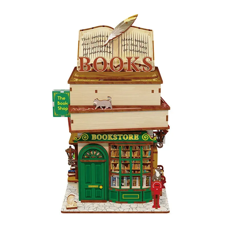 Figured'Art Tijd Boekwinkel miniatuurhuisje 24,5cm hout met LED