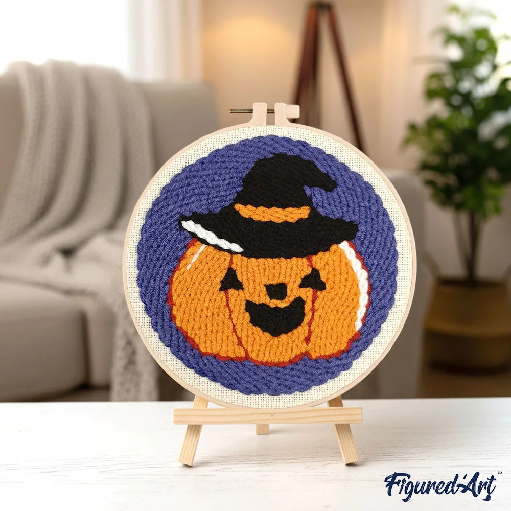 Figured'Art Halloween-pompoen punch needle pakket 20x20cm wol