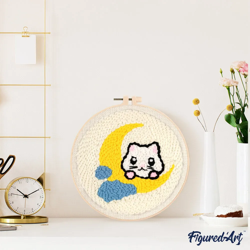 Figured'Art Punch Needle pakket Kat op de maan 20x20 cm wol