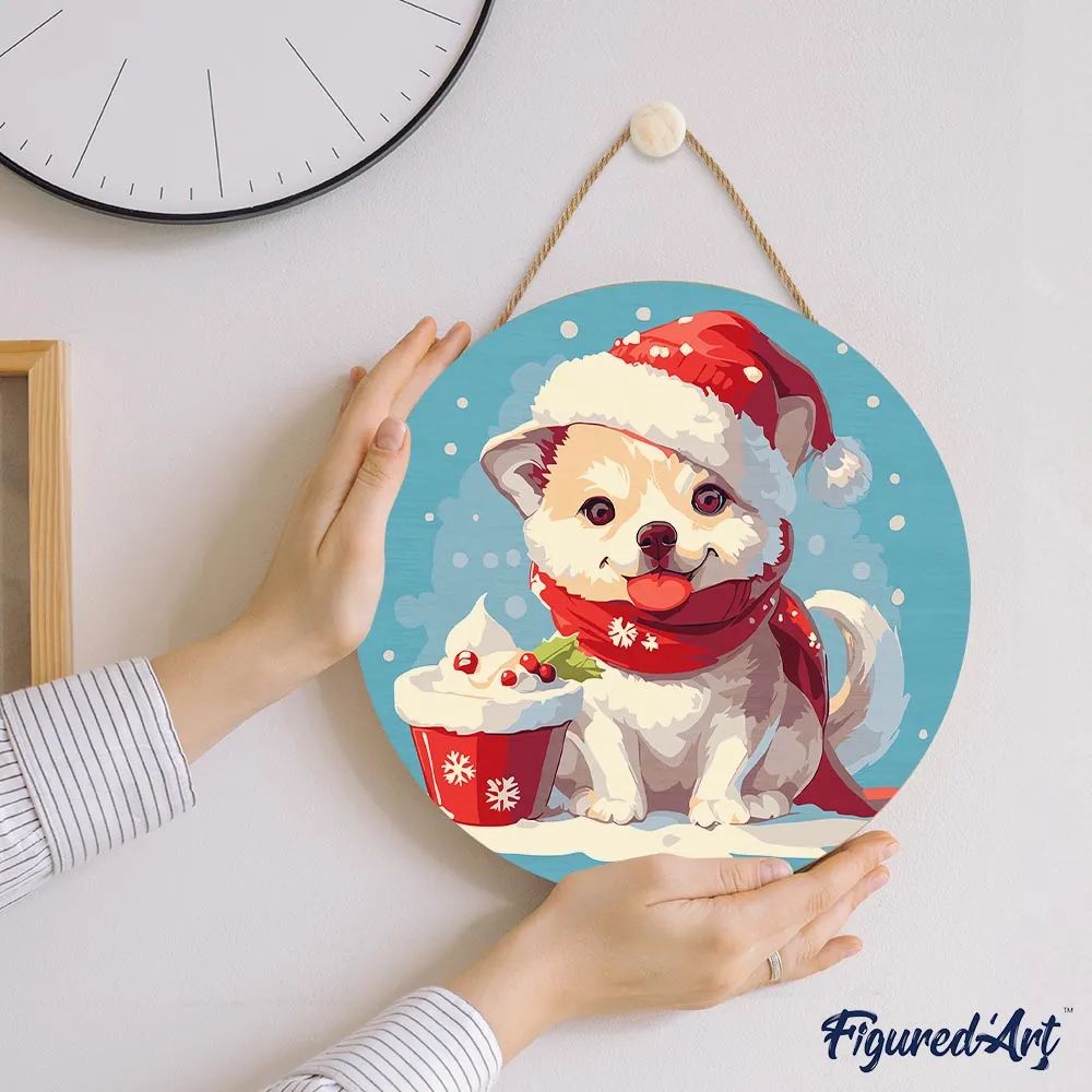 Figured'Art Kerstpuppy schilderen op nummer houten schijf 30 cm