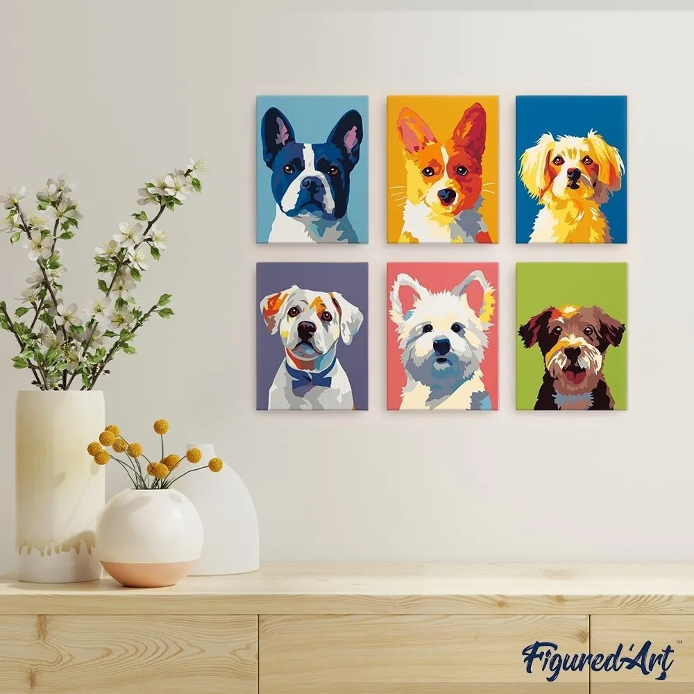 Figured'Art Moderne Hondportretten 1 Mini Schilderen op Nummer 15x20cm 6 stuks