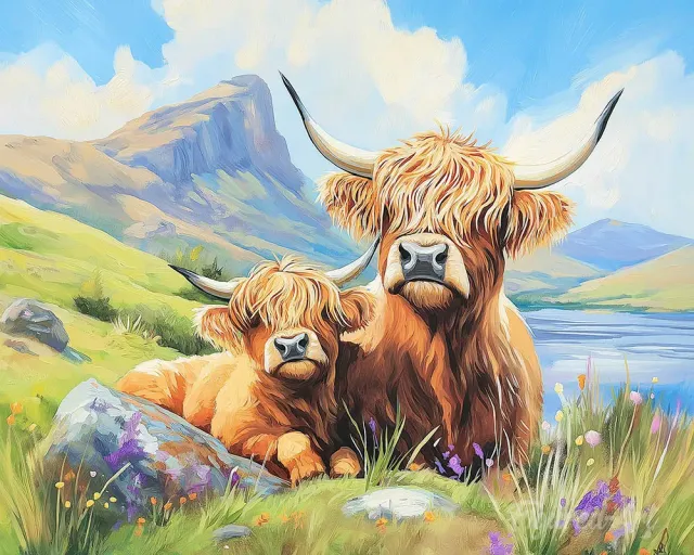 Figured'Art Schotse Hooglander met Kalfje schilderen op nummer 40x50