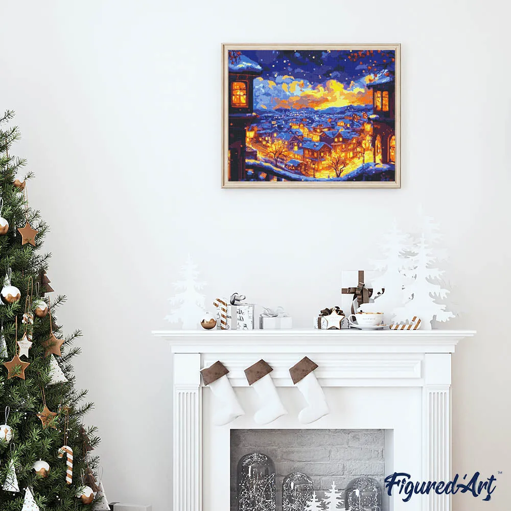 Figured'Art Verlichte Winternacht diamond painting vierkant winter