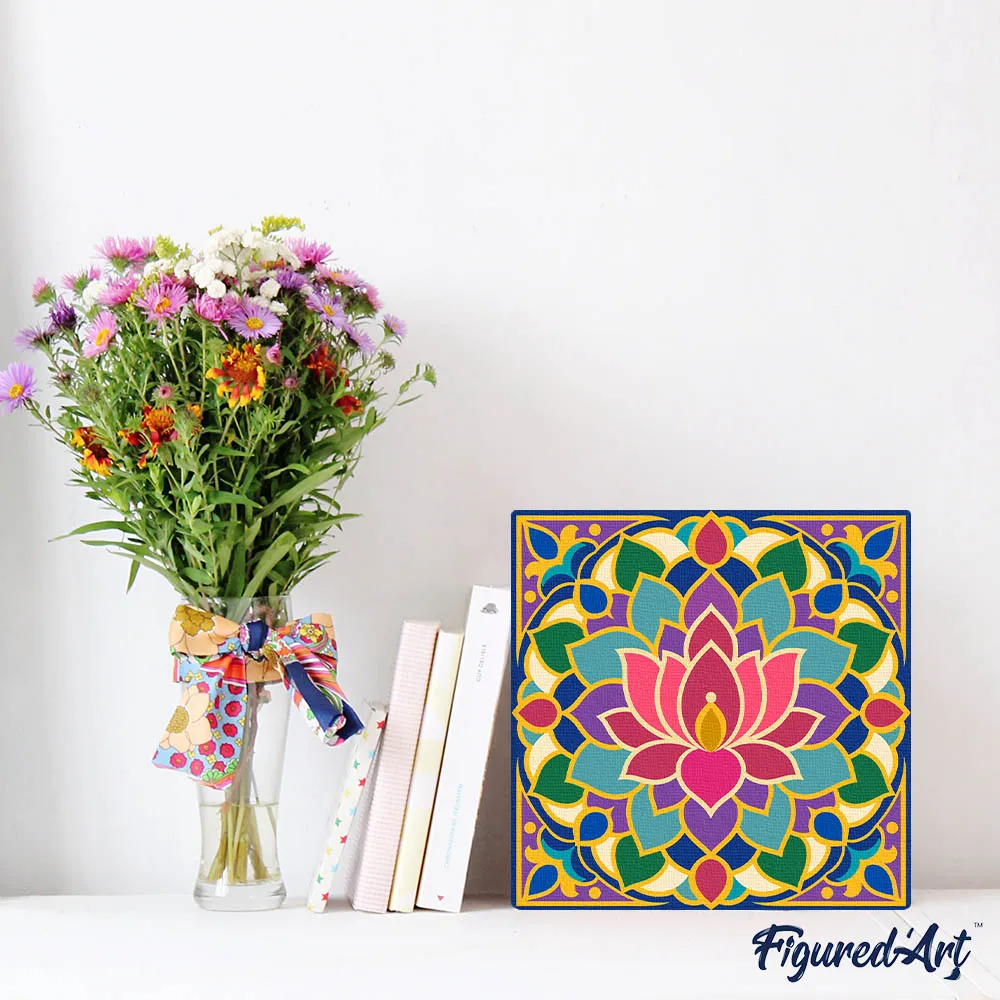 Figured'Art Lotusmandala mini schilderen op nummer canvas 20x20cm met frame