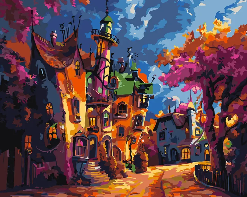 Figured'Art Fantasiedorp schemering schilderen op nummer 40x50cm
