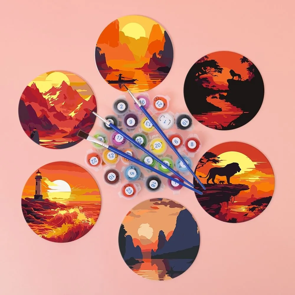 Figured'Art Zonsondergangscène onderzetters schilderen 10cm 6 stuks