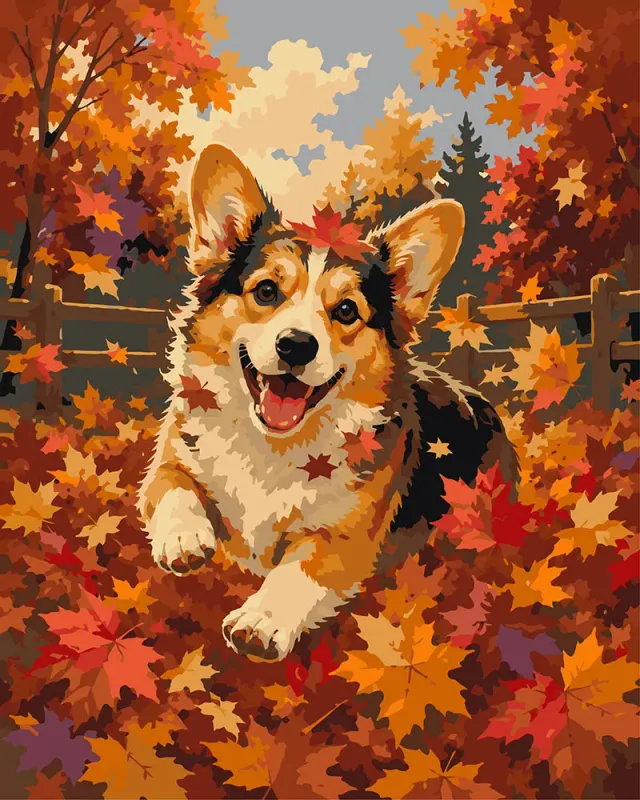 Figured'Art Vrolijke Corgi in Herfstbladeren schilderen op nummer 40x50 cm