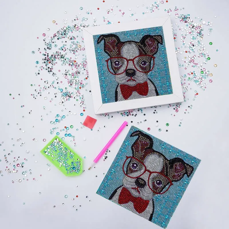 Figured'Art Hond met Fotolijst diamond painting kinderen 15x15 cm