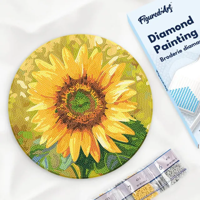 Figured'Art Zonnebloem diamond painting 30 cm houten schijf rond