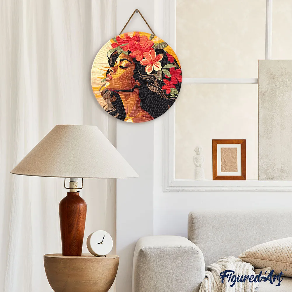 Figured'Art Bloemenvrouw diamond painting houten schijf 30cm rond